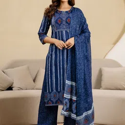 Trendmalls Ethnic Motifs Printed Regular Pure Cotton Kurta With Trousers & Dupatta-picture-42