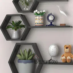 BELIEF WOOD Set Of 6 Black Wooden Wall Shelf-21
