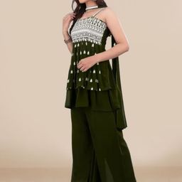 PARROT CREATION Women Embroidered Regular Sequinned Kurti with Sharara & With Dupatta image 4