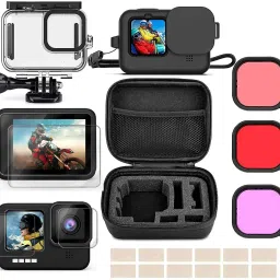 Adofys Action Camera Accessories For Gopro 9/10 Black with Waterproof Case+ Silicone Cover+Tempered Screen Protector+3 Lens Filters+Anti-Fog Inserts+Shockproof Small Case Bundle Strap-41