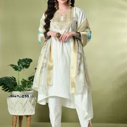Myshka Yoke Design Bell Sleeves V-Neck Sequinned A-Line Kurta With Dhoti Pants & Dupatta-picture-9