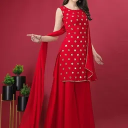 PARROT CREATION Geometric Embroidered Sequinned Georgette Kurti with Sharara And Dupatta-5