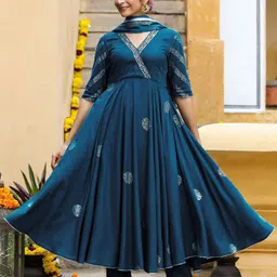 Anni Designer Ethnic Motifs Printed Anarkali Kurta With Trousers & Dupatta image 4