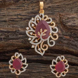 Kushal's Fashion Jewellery Ruby Rhodium Gold-Plated Party Zircon Pendant Set-image-36