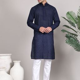 Majestic Man Floral Lucknowi Chikankari Embroidered Mandarin Collar Straight Kurta-image-76