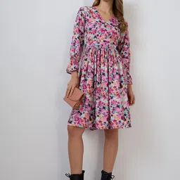 DressBerry Women Floral Print Puff Sleeve Crepe Fit & Flare Dress-picture-40