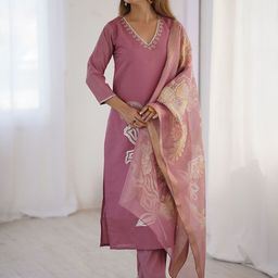 Fashion Basket Floral Embroidered Thread Work Straight Kurta with Trousers & Dupatta-image-95