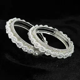 ZULKA Set of 2 White Pearls Moti & American Diamond Premium Metal Bangles-picture-40