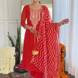 Moda Rapido Bandhani Embroidered Round Neck Kurta with Trousers & Dupatta-picture-4