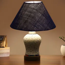 Devansh Blue Textured Wooden Frustum Shaped Table Lamp With Mosaic Glass Base-44
