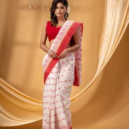 DESH BIDESH Women White and Red Woven Design Zari Pure Cotton Taant Saree-image-34