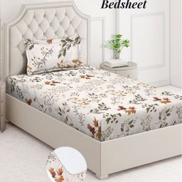 Aura White & Brown Floral 350 TC Single Bedsheet with 1 Pillow Covers-image-84