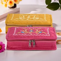Myntra Elegant Homes Yellow & Pink 2 Pieces Floral Embroidered Jewellery Organiser-22