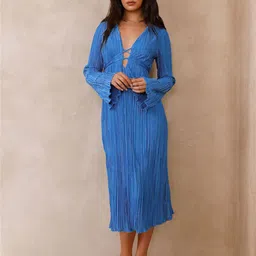 StyleCast Blue Self Design V-Neck A-Line Midi Dress-image-6