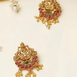 ORANGENYSHA Gold-Plated Stones Studded & Pearls Beaded Maa Laxmi Temple Drop Earrings-picture-12
