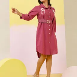 MISRI Women Shirt Collar Embroidered Details Shirt Dress with Belt-image-29