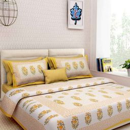 Myntra Elegant Homes Yellow & White Floral 120 TC Queen Bedsheet with 2 Pillow Covers-image-27