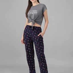 FIT N FAME Women Pack Of 2 Blue & Black Cherry Printed Relaxed-Fit Cotton Mid-Rise Pyjamas-image-90