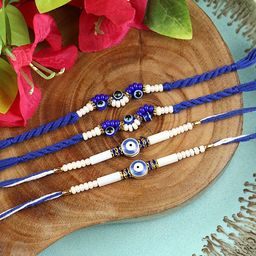 Asthetika Set Of 4 Artificial Stones Studded And Beaded Evil Eye Rakhis With Roli Chawal-image-97