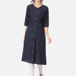 Biyu Polka Dot Printed Round Neck Pure Cotton A-Line Kurta-picture-0