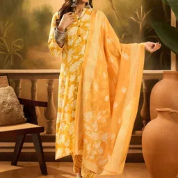 Sangria Floral Printed Mandarin Collar Straight Kurta With Trousers And Dupatta-image-85