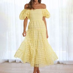 LULU & SKY Off-Shoulder Smocked Puff Sleeve Tiered Fit & Flare Midi Dress-image-52