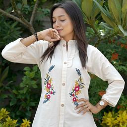 CORSICA Floral Embroidered Mandarin Collar Cotton Shirt Style Top-image-82