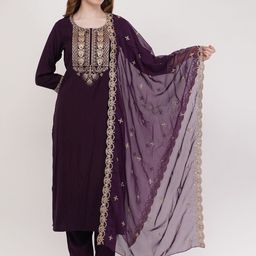 dhartii Floral Embroidered Thread Work Pure Silk Kurta With Trousers & Dupatta-46