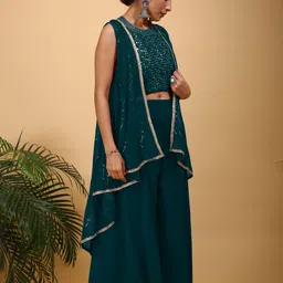 SANCIA Geometric Embroidered Halter Neck Sequinned Crop Top With Palazzos & Dupatta image 4