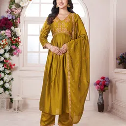 KALINI Floral Embroidered V-Neck Pleated Anarkali Kurta With Trousers & Dupatta-54