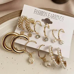 Celestique Set Of 9 Gold-Plated Pearls Beaded Contemporary Shaped Half Hoop Earrings-17