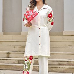Kaftanize Embroidered Shirt Collar Top With Trousers Co-Ords Set-image-62