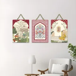 ArtVibes Beige & Maroon 3 Pieces Raj Mahal Printed Wooden Wall Hanging Decors-image-1