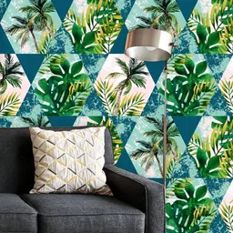 ArtzFolio Printed UV-Resistant Anti-Bacterial Tropical Leaves And Palm Trees In Geometrical Shapes Peel & Stick Wallpaper-image-8