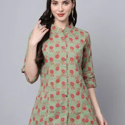 BAESD Floral Print Mandarin Collar Roll-Up Sleeves Ethnic Cotton Top-image-72