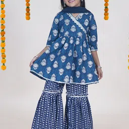 KiddoPanti Girls Floral Printed Pure Cotton Angrakha Anarkali Kurti With Sharara & Dupatta-picture-20
