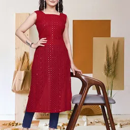 PARROT CREATION Ethnic Motifs Embroidered V-Neck Sequinned Sequinned Kurti-image-52
