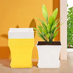 Kuber Industries 10-Pcs White & Yellow Premium Flower Pots for Garden withBottomPlates-66