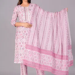 HERE&NOW Women Ethnic Motifs Printed Pure Cotton Kurta with Trousers & Dupatta-picture-21