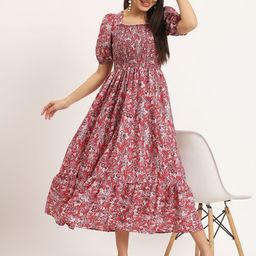 Krunal Raiyani Women Floral Print Square Neck Smocked Tiered Fit and Flare Midi Dress-picture-7