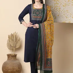 FASHOR Motifs Embroidered Round Neck Pure Cotton Straight Kurta With Trousers & Dupatta-32