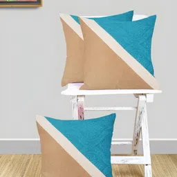 IVAZA Beige & Blue Set of 3 Colourblocked Velvet Square Cushion Covers-4