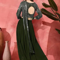 Sangria Sequin Embroidered Flared Top & Skirt With Attached Dupatta Co-Ord Set image 4