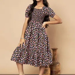 ZWERLON Floral Print Puff Sleeve A-Line Midi Dress-21