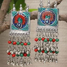 Moedbuille Silver-Plated Artificial Beaded Square Shaped Meenakari Drop Earrings-33