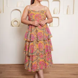 PURVAJA Women Floral Print Layered Fit & Flare Midi Dress-41