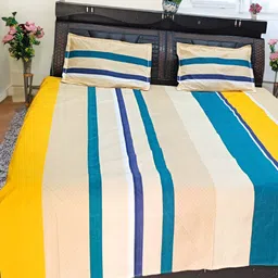V.R.ENTERPRISES Yellow & Blue Striped 210 TC Queen Bedsheet with 2 Pillow Covers-image-86