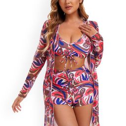Krelin Printed Ruched Bikini And Top With Shorts Swimwear Cover Up Set-image-6