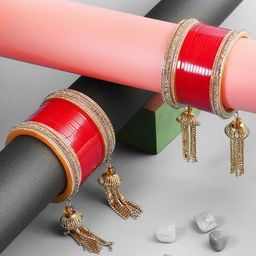 Adwitiya Collection Set Of 36 Gold-Plated Stone Studded Wedding Chuda Bangles with Hanging-image-75