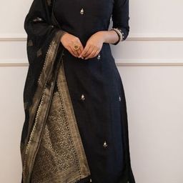 KALINI Floral Embroidered Sequinned Kurta With Trousers And Dupatta-picture-56